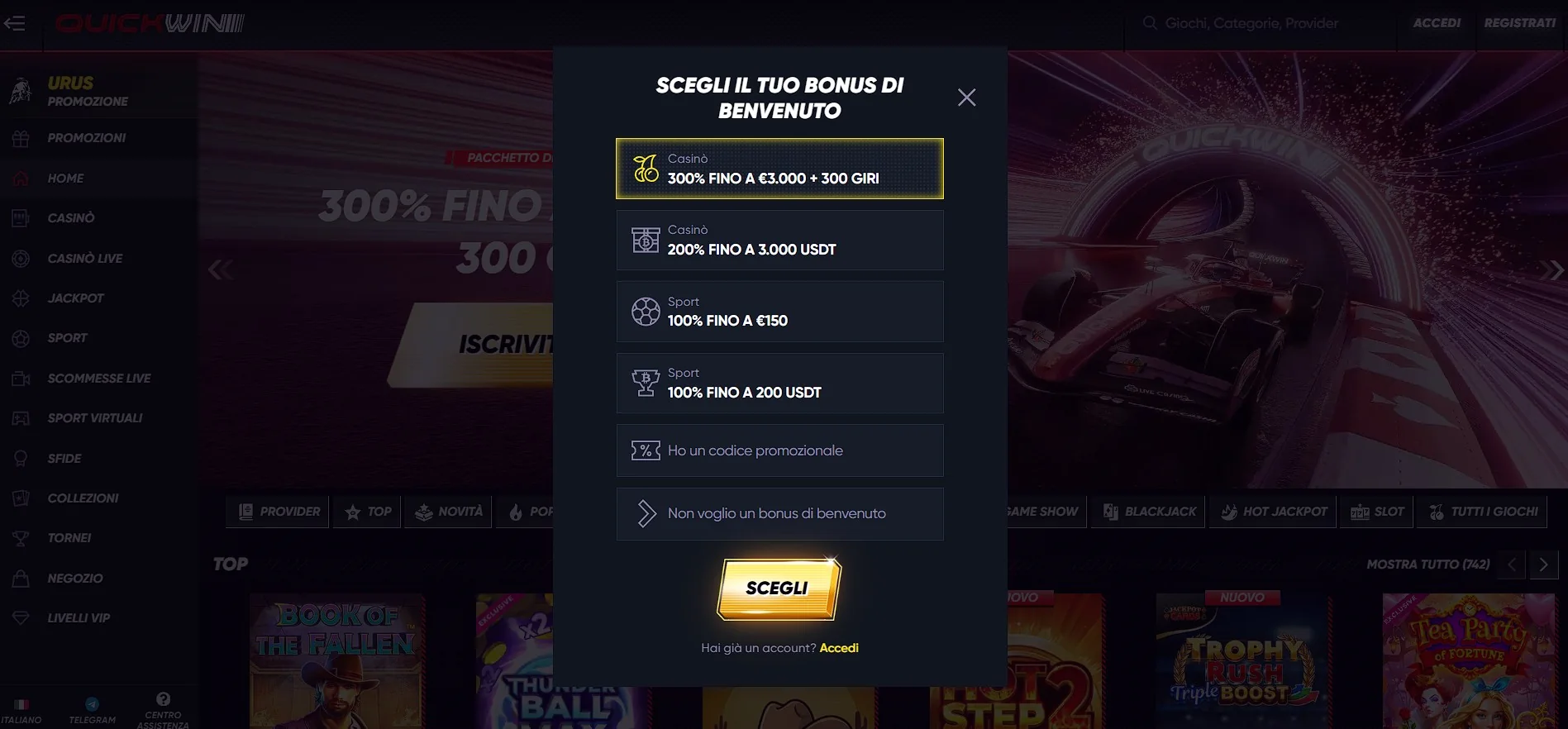 Bonus di benvenuto Quickwin Casino per l'Italia a tema corse