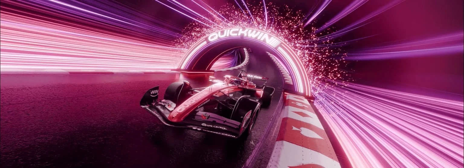 Quickwin Casino banner con auto da corsa nel tunnel al neon e bonus di benvenuto del 300 per cento fino a 3000 euro e 300 giri gratis Italia